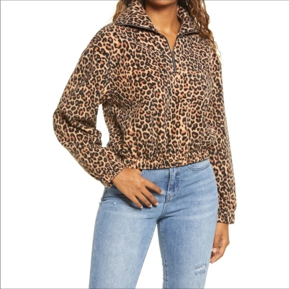 BP Nordstrom Print Fleece Leopard Pullover Half Zip Long Sleeve Top Jacket XXS